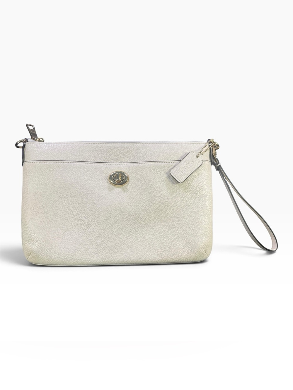 Coach Cream Pebbled Leather Turnlock Wristlet with Gold Hardware